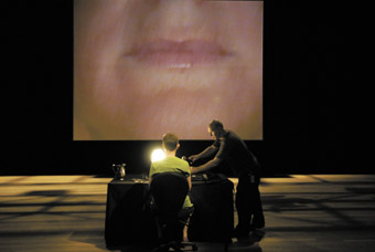 Barbara Campbell and technician Richard Manner preparing for night 1001 webcast of 1001 nights cast at Performance Space at Carriageworks, March 17, 2008