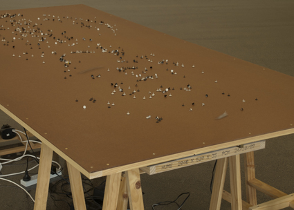 Arlo Mountford & Nick Selenitsch, Movement work #1, Wood, turntables, magnets, metal tacks, motion sensors, 2011