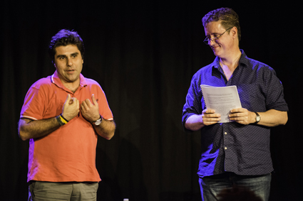 White Rabbit Red Rabbit, writer Nassim Soleimanpour stops the performance by Richard Fidler and introduces himself to the audience at WTF2013, Brisbane