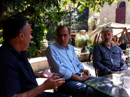 Jim Denley (left) discussing politics in Beirut with a local and musician Tony Buck