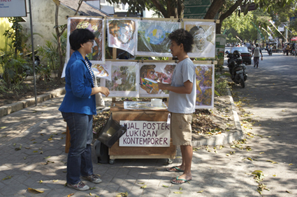 Pirated contemporary Indonesian artworks for sale on Yogya's sidewalks, $1 each, (Prihatmoko Moki, 2012)
