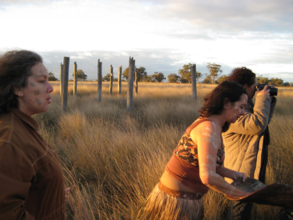 Aunty Rhonda Dixon-Grovenor, Lily Shearer, Michelle Blakeney, working on Posts in The Paddock, My Darling Patricia & Moogahlin Performing Arts