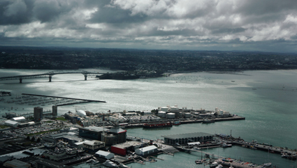 view of Auckland harbour from the Sky Tower