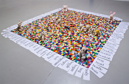 Bronwyn Platten, For more and more love hours (R.I.P. Mike Kelley 1954-2012), 1973-2013, hand-stitched marimeko quilt, found soft toys, oats, liquorice, treacle 