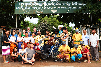Harley Stumm (back row 4th from L) with the team from “Hanuman Spaceman” including The Cambodian Space Project, director Carlos Gomes, Master Kong Nay, and staff and students of Kampot Traditional Music School (Khmer Cultural Development Insti