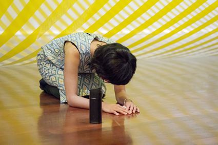 Gentle steps with an open mouth, Alice Hui-Sheng Chang, Perth iMprov Collective, with Elena Tory-Henderson’s installation Big Yellow