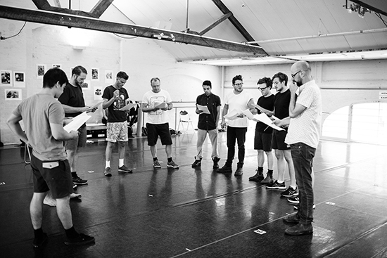 Chris Drummond (r) & cast, rehearsal Long Tan, BRINK/State Theatre Company of SA